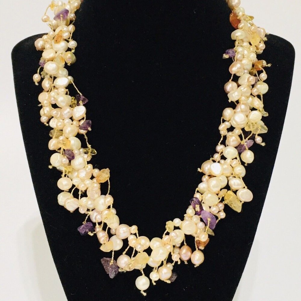 Vintage 925 Sterling Silver Chunky Necklace Pearls Amethyst Amber Chips Jewelry